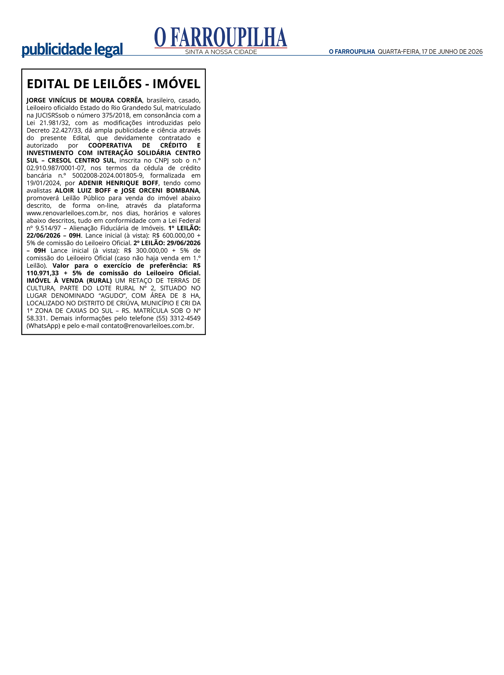 Publicações Legais 17-06-2026 – EDITAL DE LEILÕES – IMÓVEL